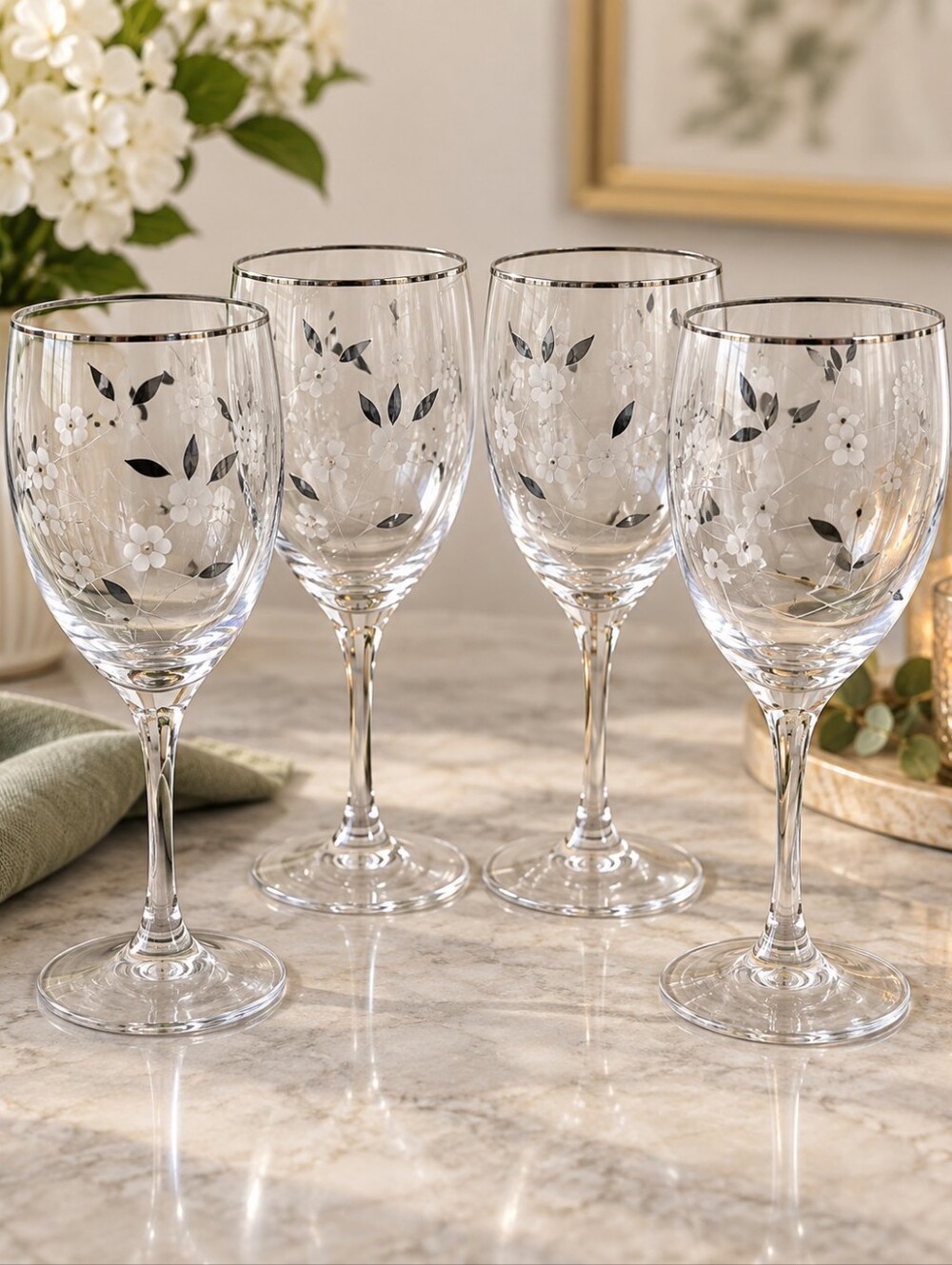 Vintage Black White Floral Silver Rim Wine Glasses Set of 4